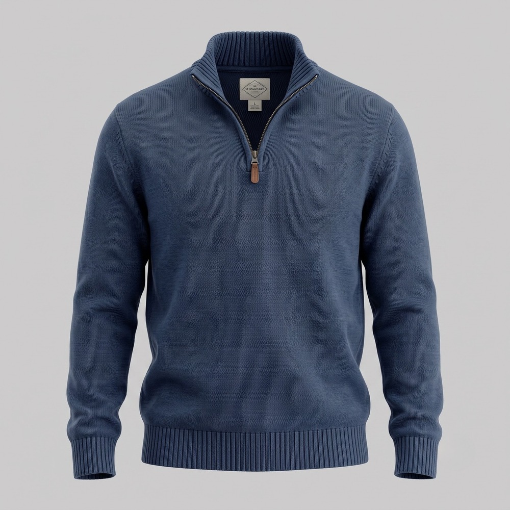 St. John's Bay Men XL Navy Blue Sweater Quarter Zip Cotton Mock Neck Ribbed Knit